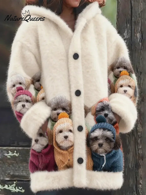 Women's Funny Dogs Pattern Art Print Casual Fleece Coat