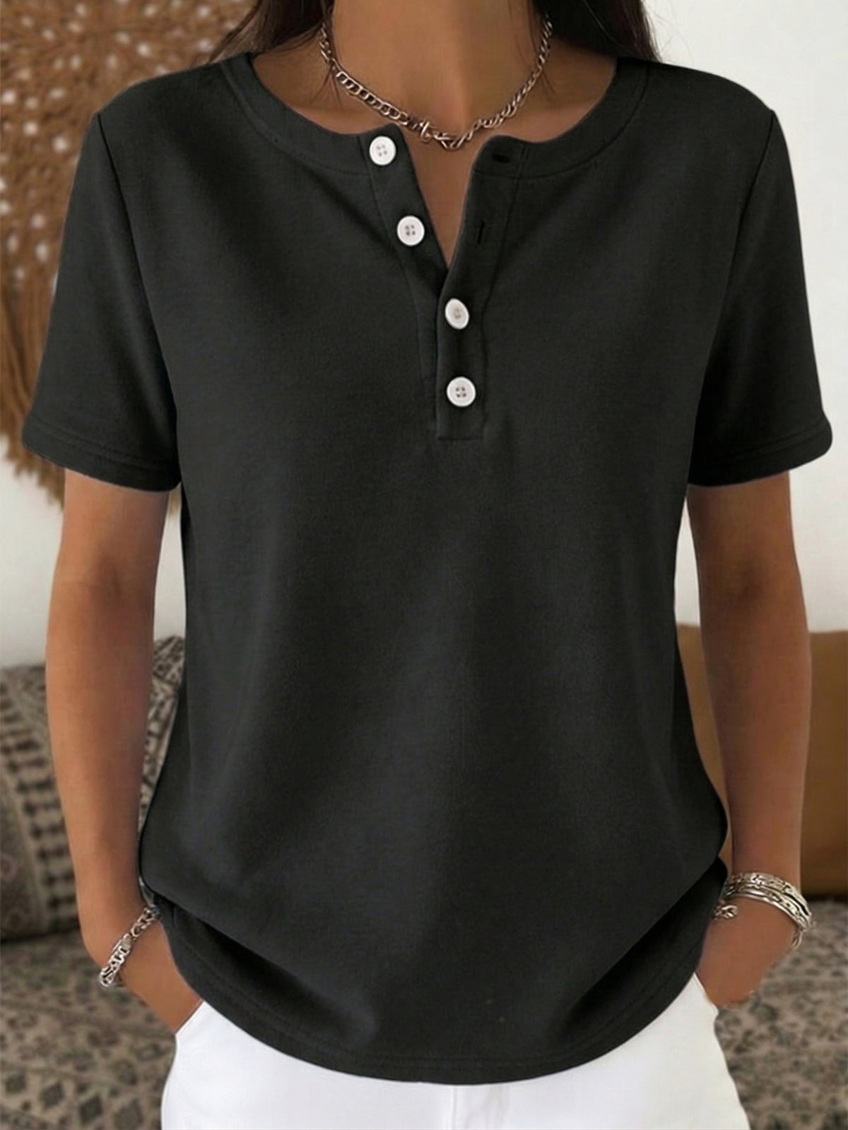 Cozy Casual Henley Collar Cotton T-shirt