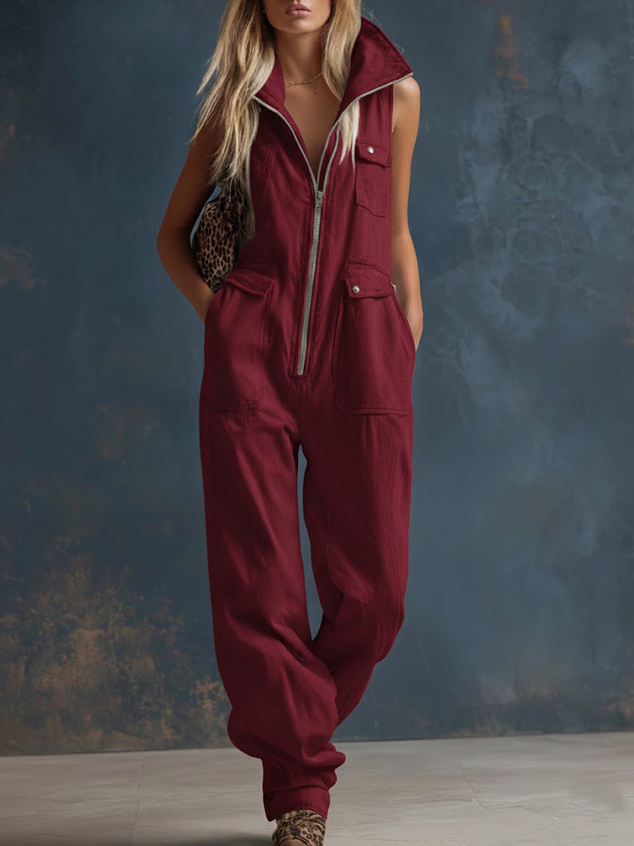 Women's Solid Color Stand-collar Sleeveless Casual Loose Cotton Wide-leg Jumpsuit