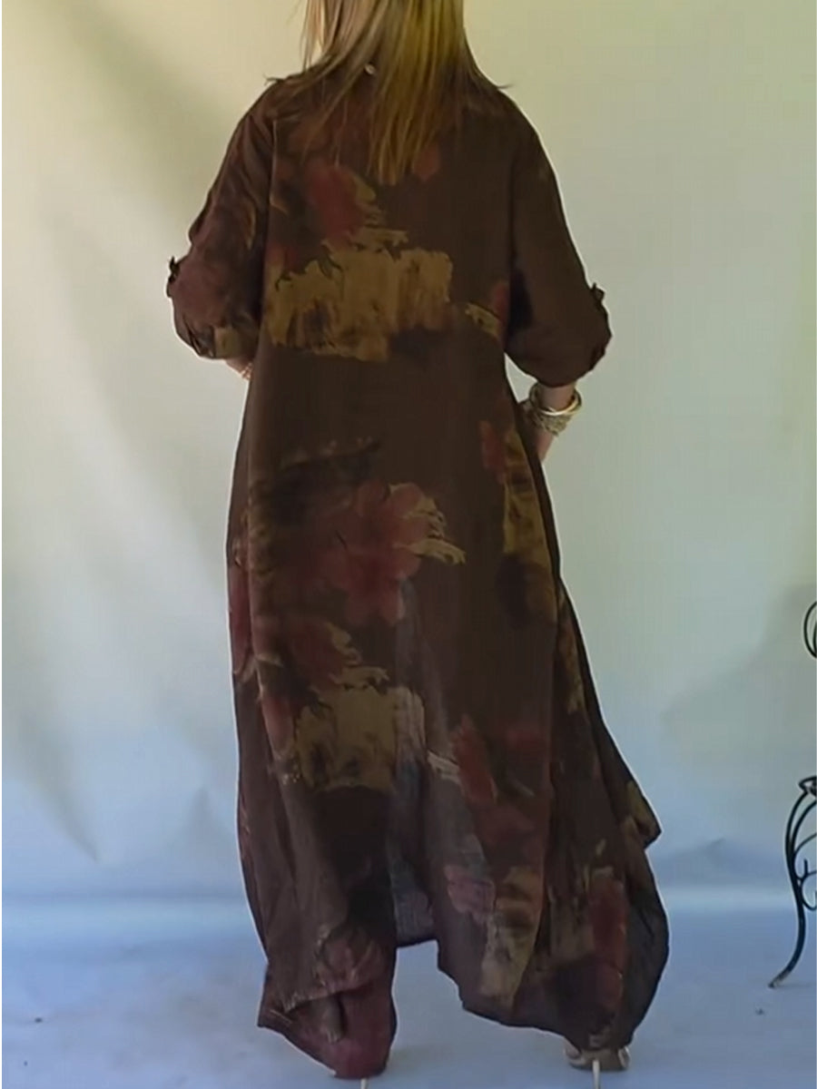 Casual, Loose-fitting Two-piece Set Featuring A Long Shirt And Trousers, Crafted From A Linen-cotton Blend With Printed, Sequined, And Spliced detailing.