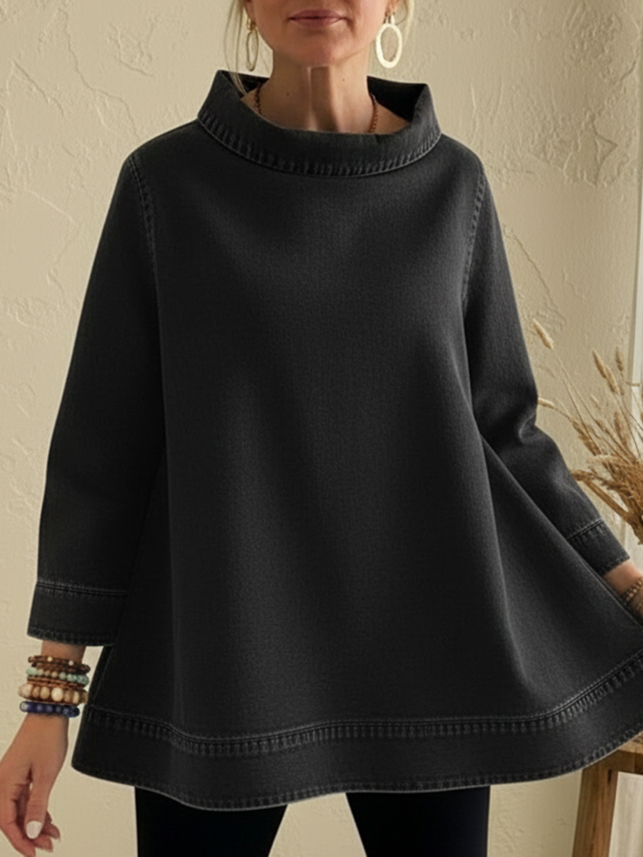 Elegant Mock Neck A-line Denim Cotton Top
