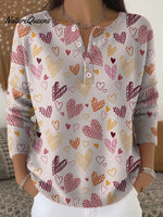 Women's Retro Plaid Heart Art Print Valentine's Day Casual Sweater