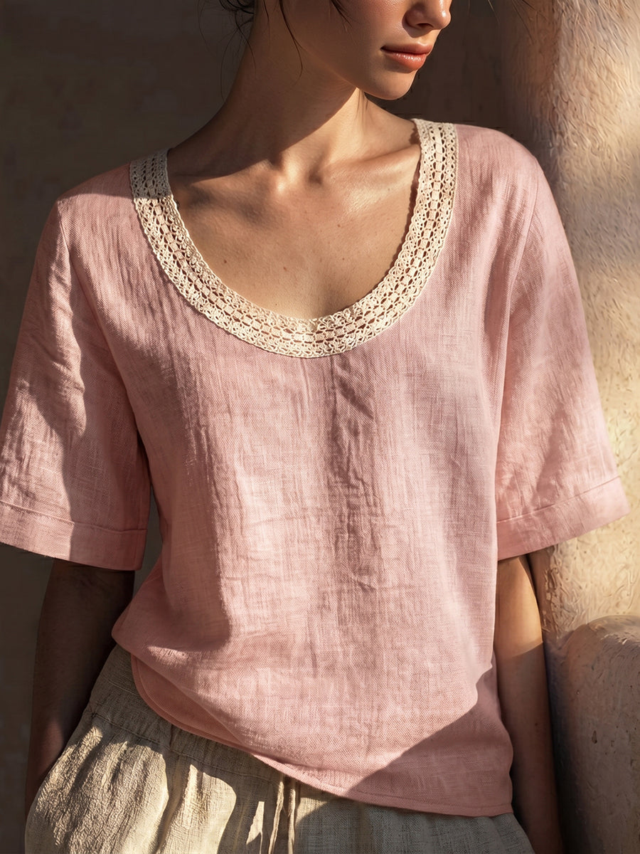 Retro Lace-trimmed U-neck Cotton-linen Blouse