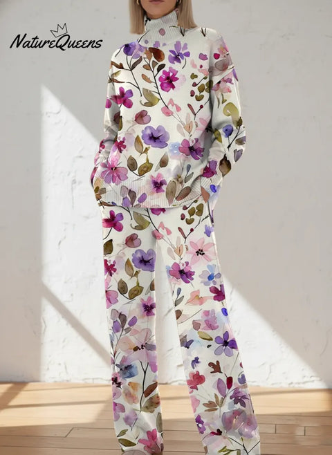 Women's Retro Flower Art Print Casual Knit Set