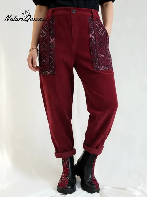 Women's Retro Print Patchwork Corduroy Pants