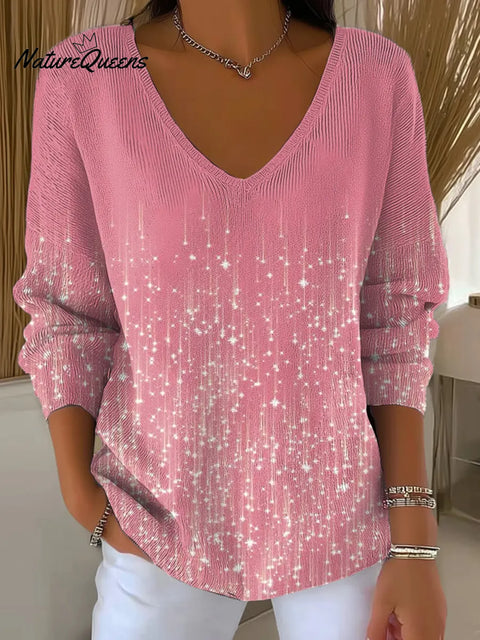 Women's Shiny Pattern Art Print Casual V-Neck Sweater