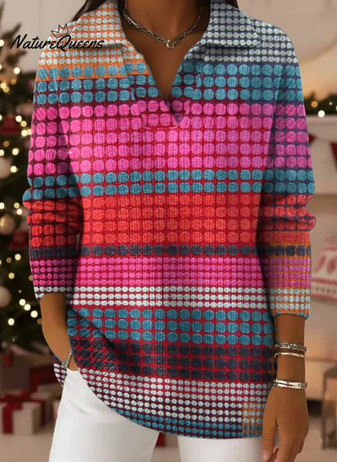 Colorful Dots Print Lapel Casual Knit Sweater