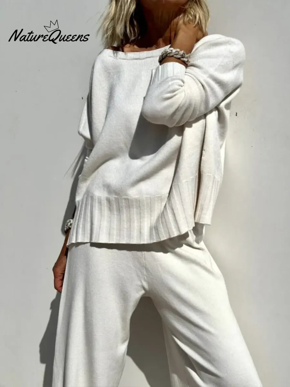 Women's Solid Color Round Neck Long Sleeve Casual Loose Knit Top and High-Waisted Knit Wide-Leg Pants Set