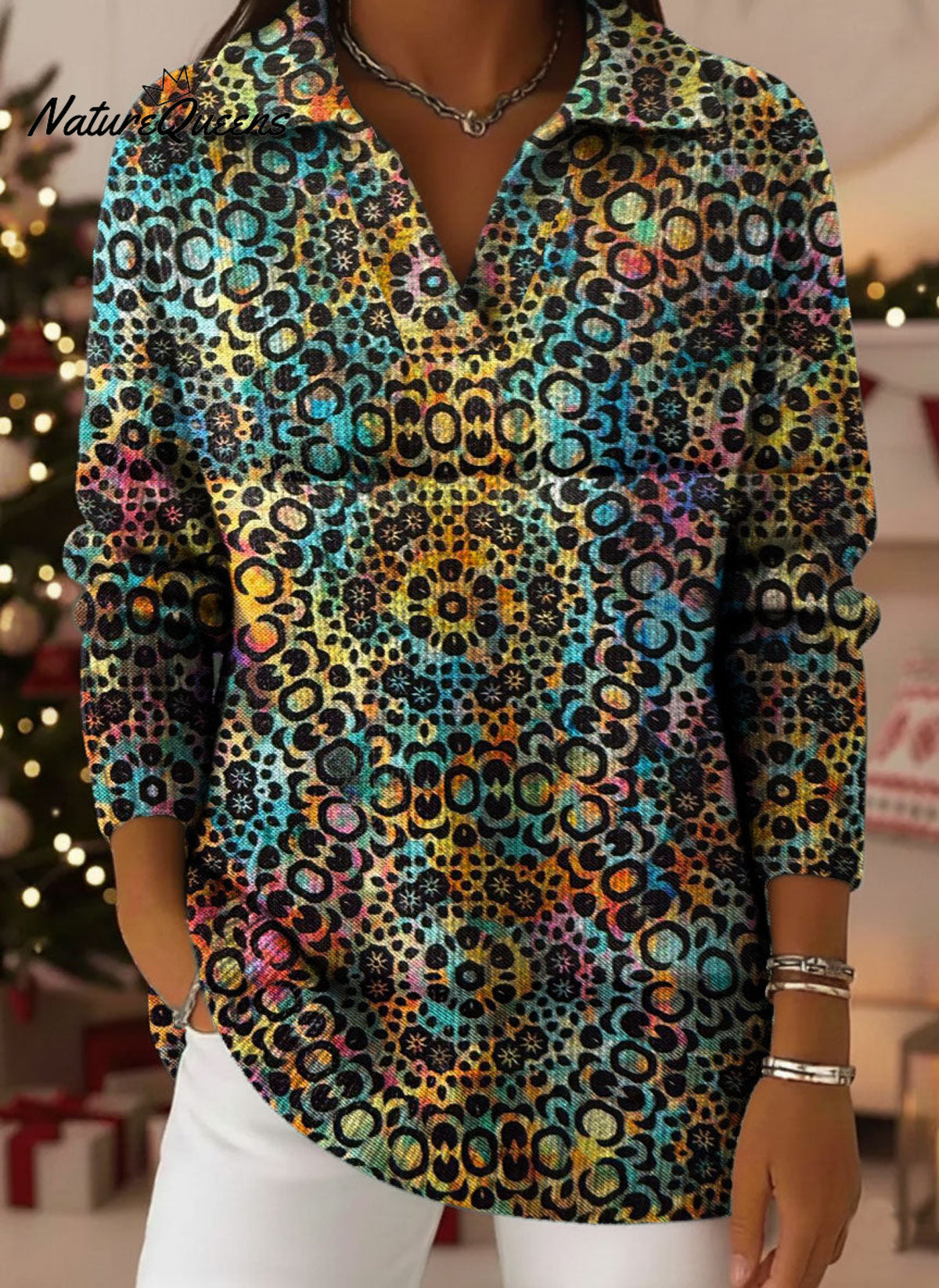 Christmas Retro Gradient Ethnic Art Pattern Art Polo Collar Shiny Loose Sweater Top