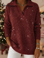 Christmas Party Polo Collar Shiny Loose Sweater Top