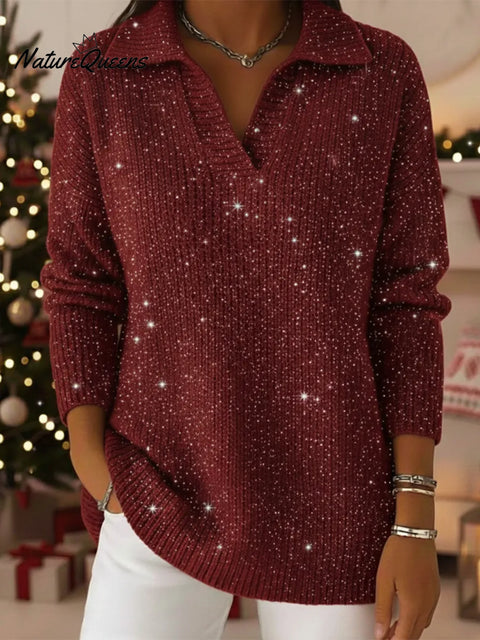 Christmas Party Polo Collar Shiny Loose Sweater Top