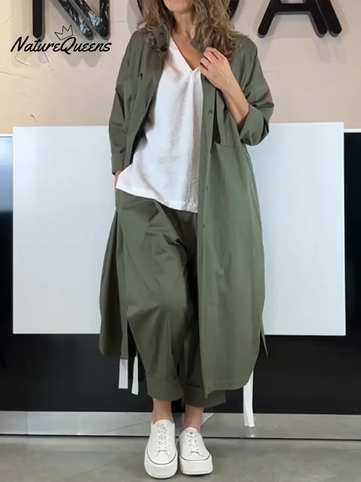Women's Casual Cotton Extra-long Shirt And Pants Two-piece Set