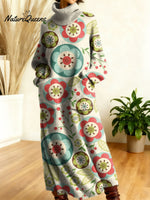Women's Retro Floral Flowers High-neck Long-sleeve Casual Loose Knit Dress