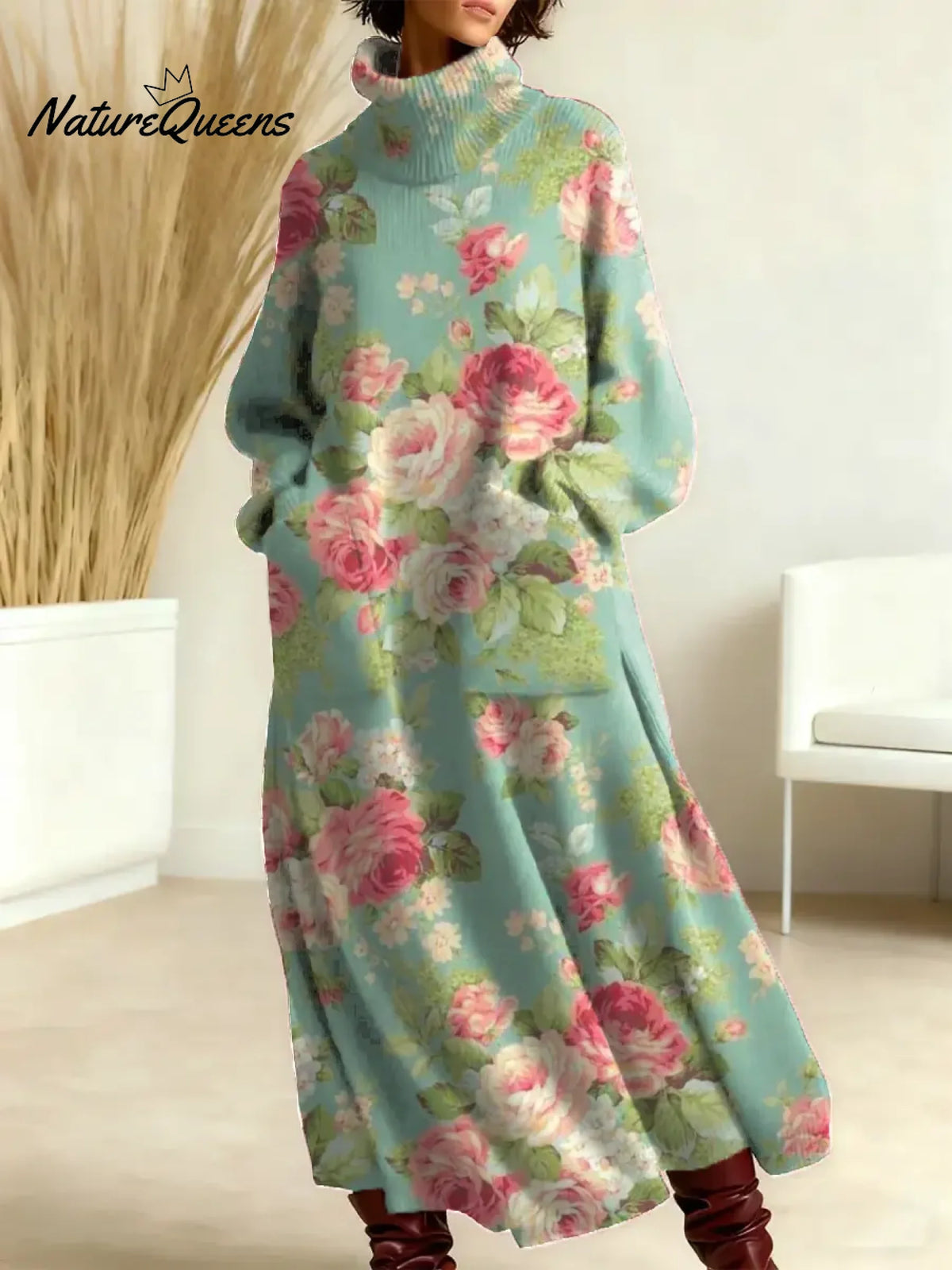 Women's Floral Pattern Art Print Casual Cotton Knitted Dress