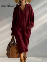 Women's Solid Color Long-sleeved Casual Loose Hooded Knit Dress