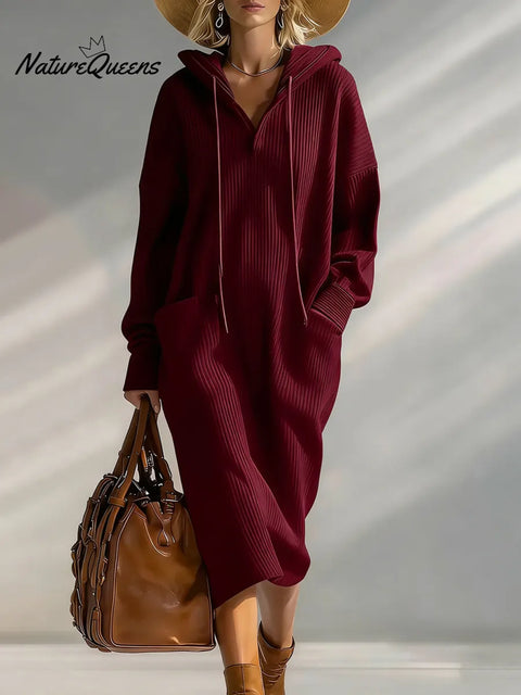 Women's Solid Color Long-sleeved Casual Loose Hooded Knit Dress