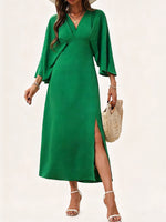 Women's V-neck Slit Loose-fitting Long-sleeved Dress