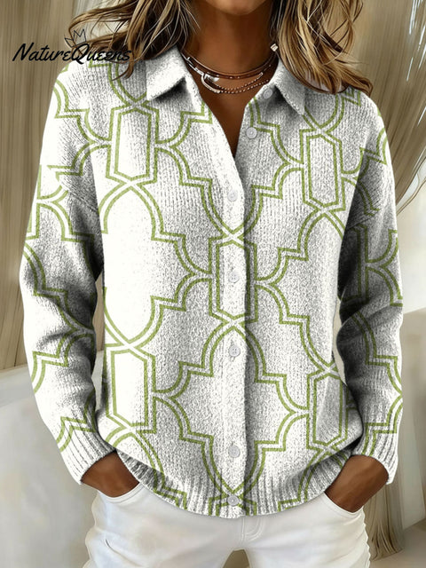 Linear Geometric Decorative Patterns Casual Shirt Collar Long Sleeve Sweater