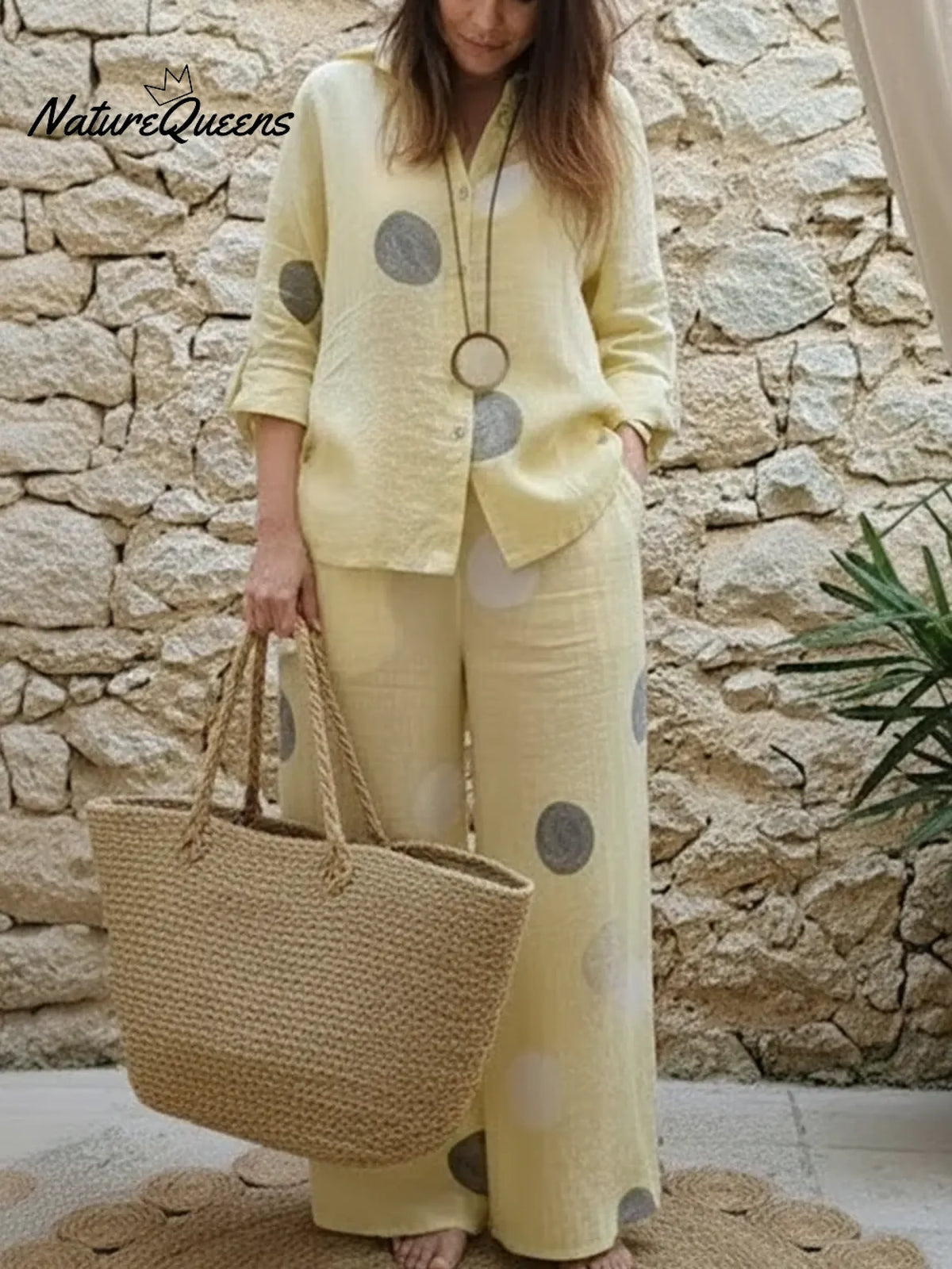 Artistic Polka Dot Print Linen Shirt And Pants Two-piece Set