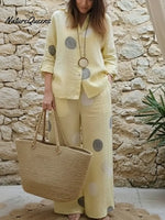 Artistic Polka Dot Print Linen Shirt And Pants Two-piece Set