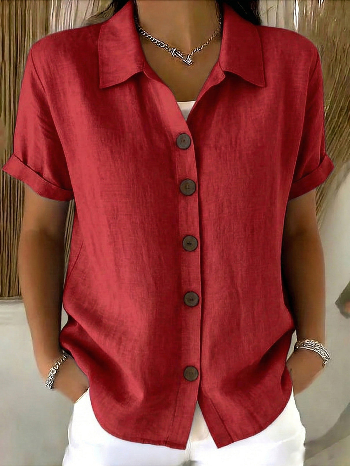 Casual Cozy Basic Button-up Linen-cotton Short-sleeved Shirt