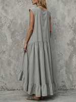 Cotton-linen Long Dress With Cap Sleeves, Button-front Placket, And Asymmetrical Ruffled Hem