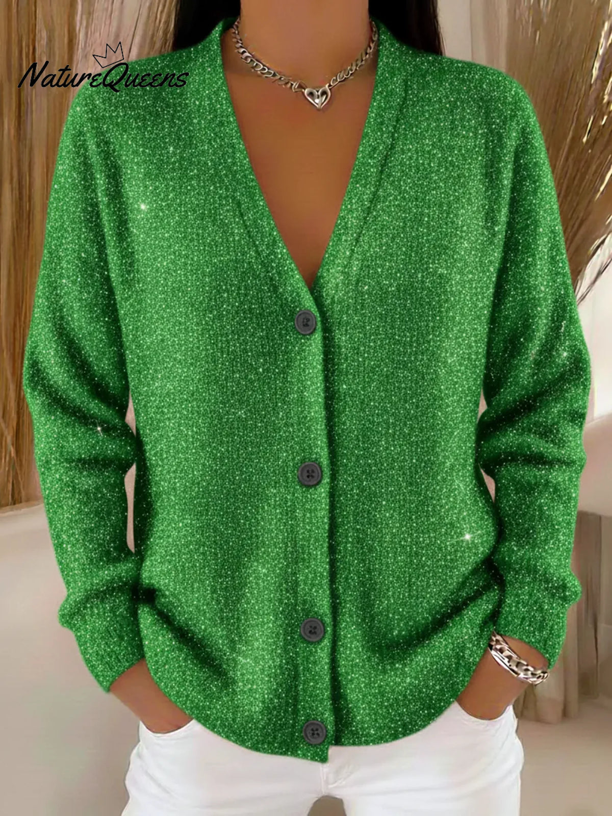 Casual Christmas Party Shiny Button V-Neck Cardigan Sweater