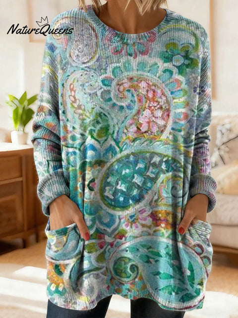 Women's Retro Floral Flower Ethnic Art Print Casual Cotton Knitted Sweater