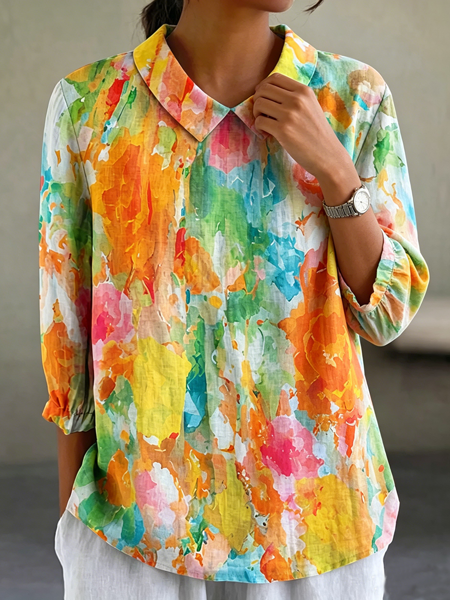 Artistic Watercolor Palette Print Peter Pan Collar Cotton-Linen Blouse