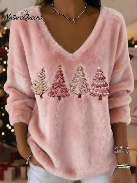 Christmas Tree Print V-neck Mink Fleece Pullover