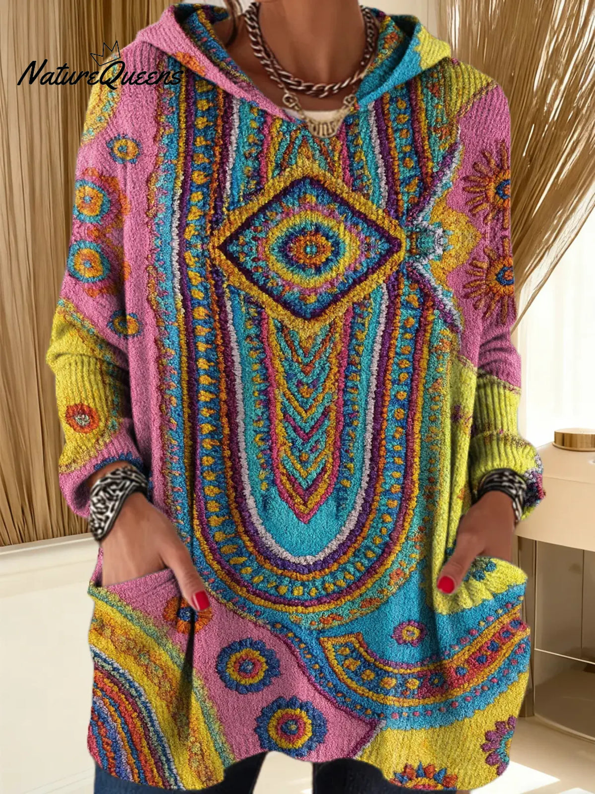 Women's Vintage Pattern Art Print Hooded Casual Knitted Sweater