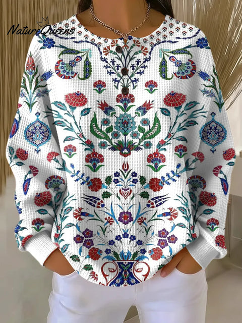 Women's Floral Pattern Art Print Casual Waffle Sweatshirt