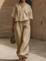 Casual Pleated Shirt & Wide-leg Pants Cotton Linen Two-piece Set