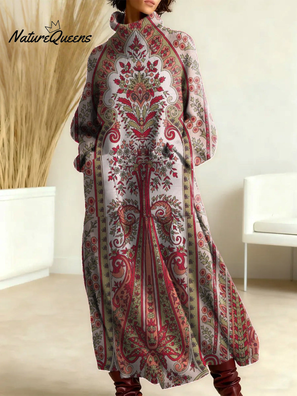 Women's Vintage Symmetrical Flowers Pattern Art Print Casual Cotton Knitted Dress