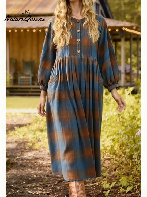 Women's Casual Plaid Cotton Linen Long-Sleeved Dress