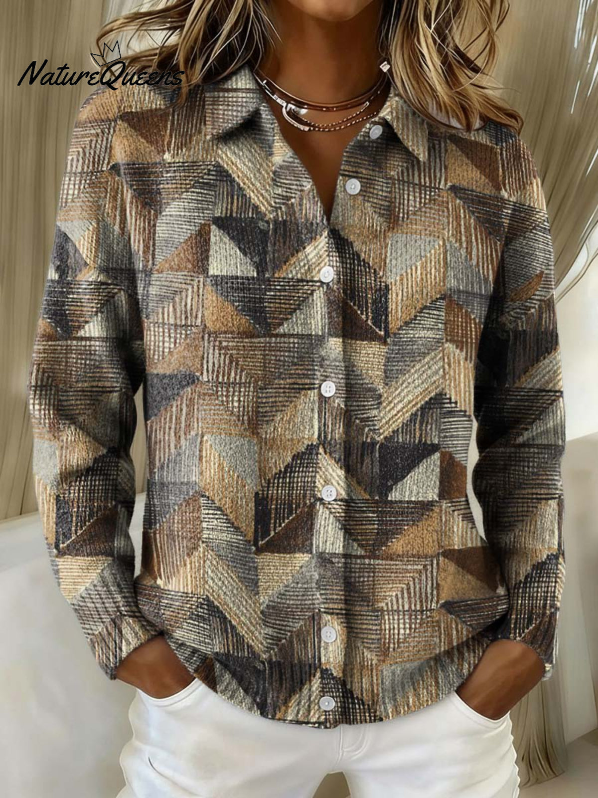 Painting Art Lines Geometric Decorative Patterns Casual Shirt Collar Long Sleeve Sweater