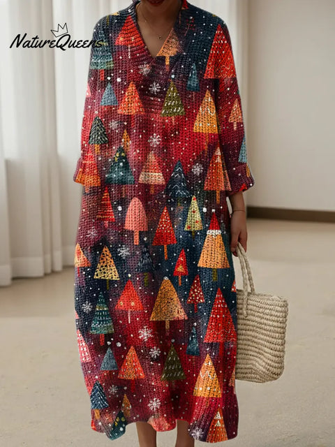 Retro Gradient Red Christmas Tree Print Knitted V-neck Dress