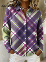 Women's Vintage Plaid Gradient Abstract Pattern Art Print Cowl Neck Sweater