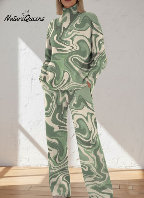 Green Wavy Decorative Pattern Casual Stand Collar Long Sleeve Top And Pants