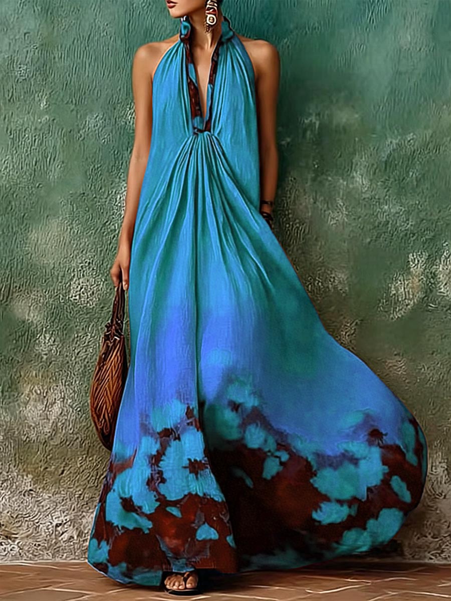 Women's Casual Loose Cotton-linen Dress With Placed Print Stand Collar And Sleeveless Design