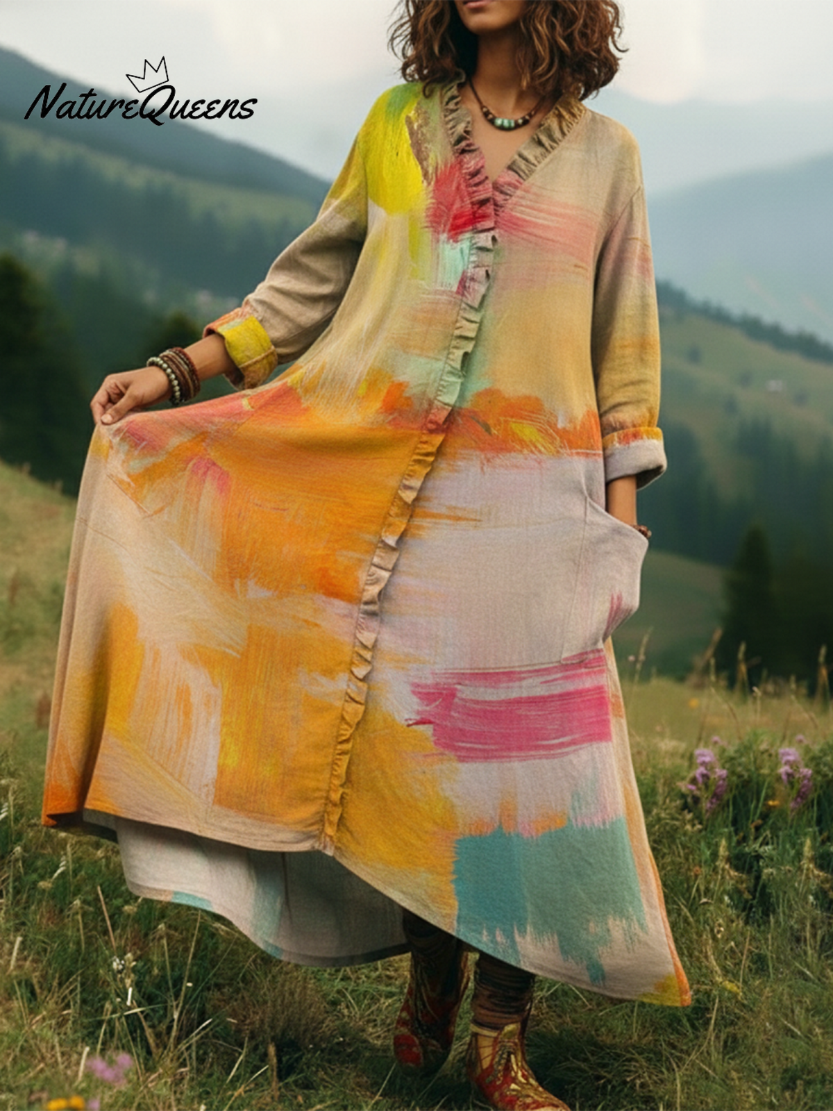 Sunset Orange Color Palette Printed Lace Trim V-neck Dress