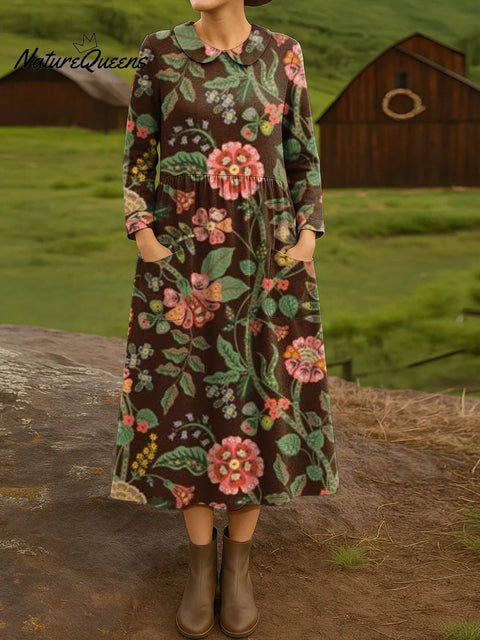 Women's Ethnic Floral Art Print Cotton Lapel Button-Down Shirt Dress