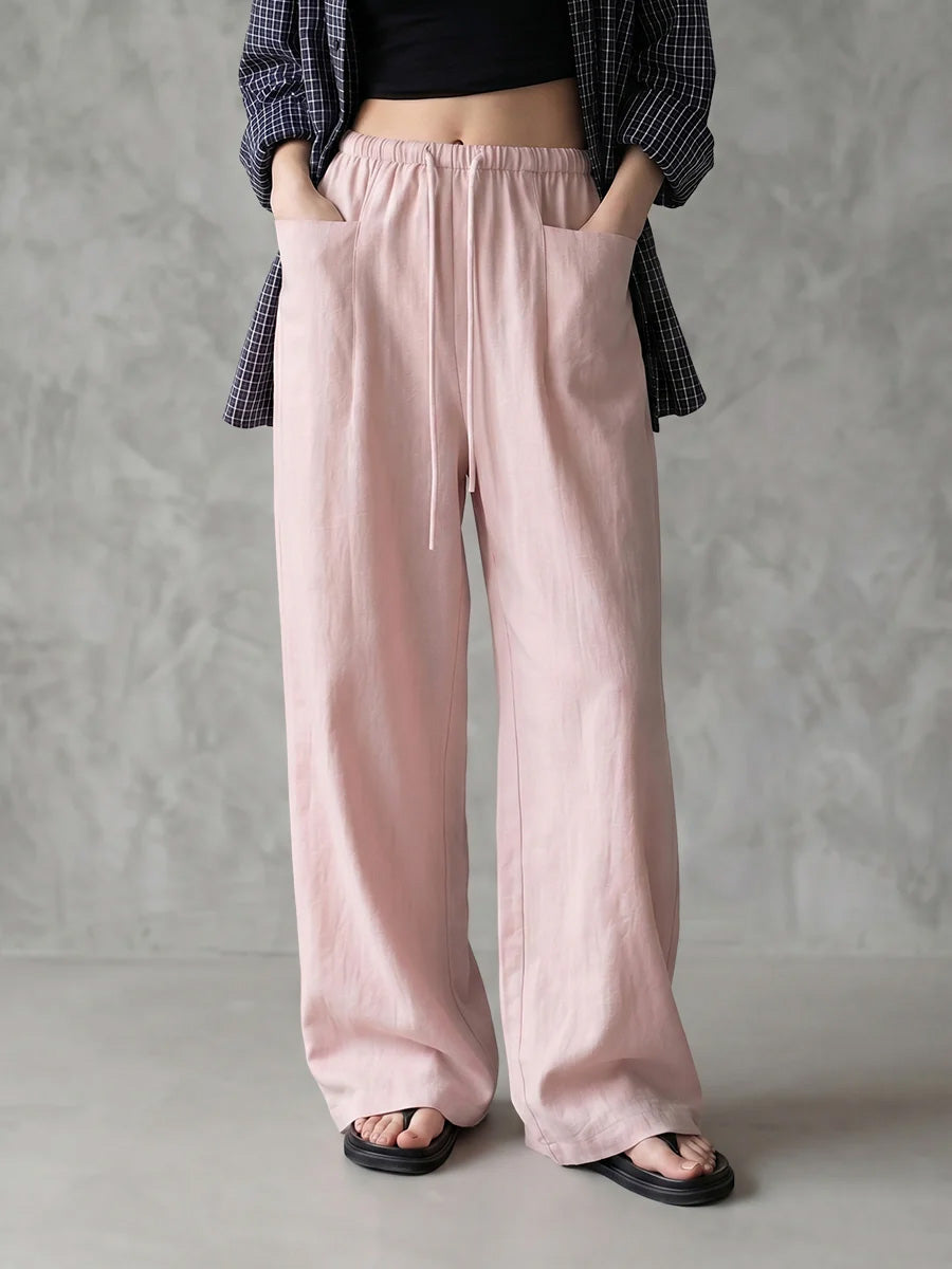 Women's Solid-color High-waisted Loose-fit Cotton-linen Wide-leg Pants