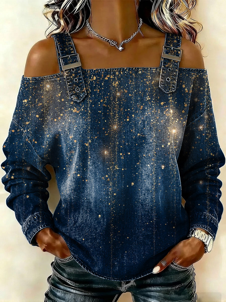 Women‘s Shiny Art Print Casual Cotton Denim Shirt