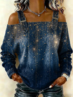 Women‘s Shiny Art Print Casual Cotton Denim Shirt