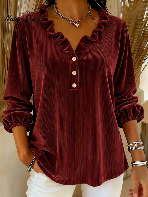Women's Corduroy Ruffle Collar Cotton Shirt