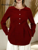 Women's Solid Color Round Neck Long-sleeved Casual Loose Cotton Top