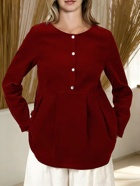 Women's Solid Color Round Neck Long-sleeved Casual Loose Cotton Top