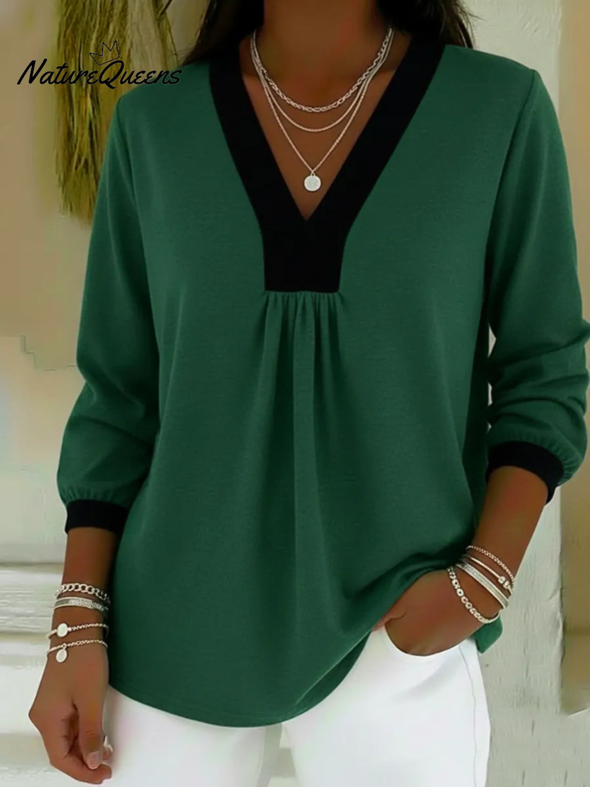Casual Color-block V-neck Cotton Shirt Top