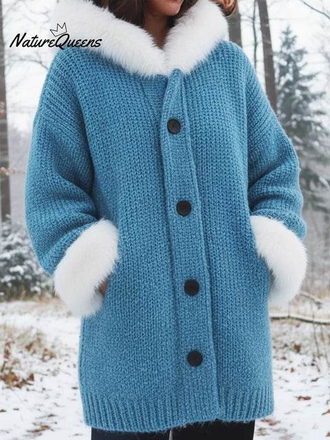 Cozy Fur-collar Patchwork Knit Button-down Coat